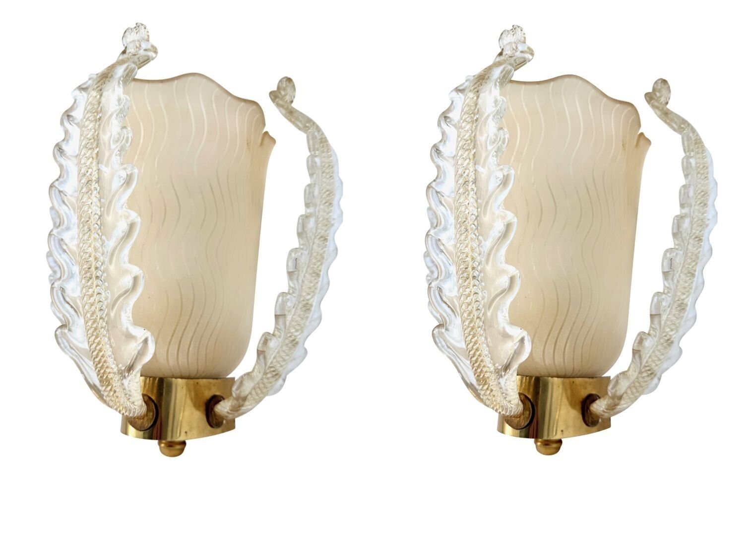 A Wonderful Pair Of 1950s Murano Glass And Brass Wall Socnces By Barovier And Toso photo for sale