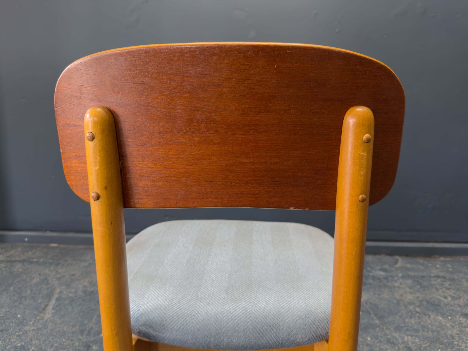 photo vinterior Set Of 6 Teak And Blue Upholstered Dining Chairs