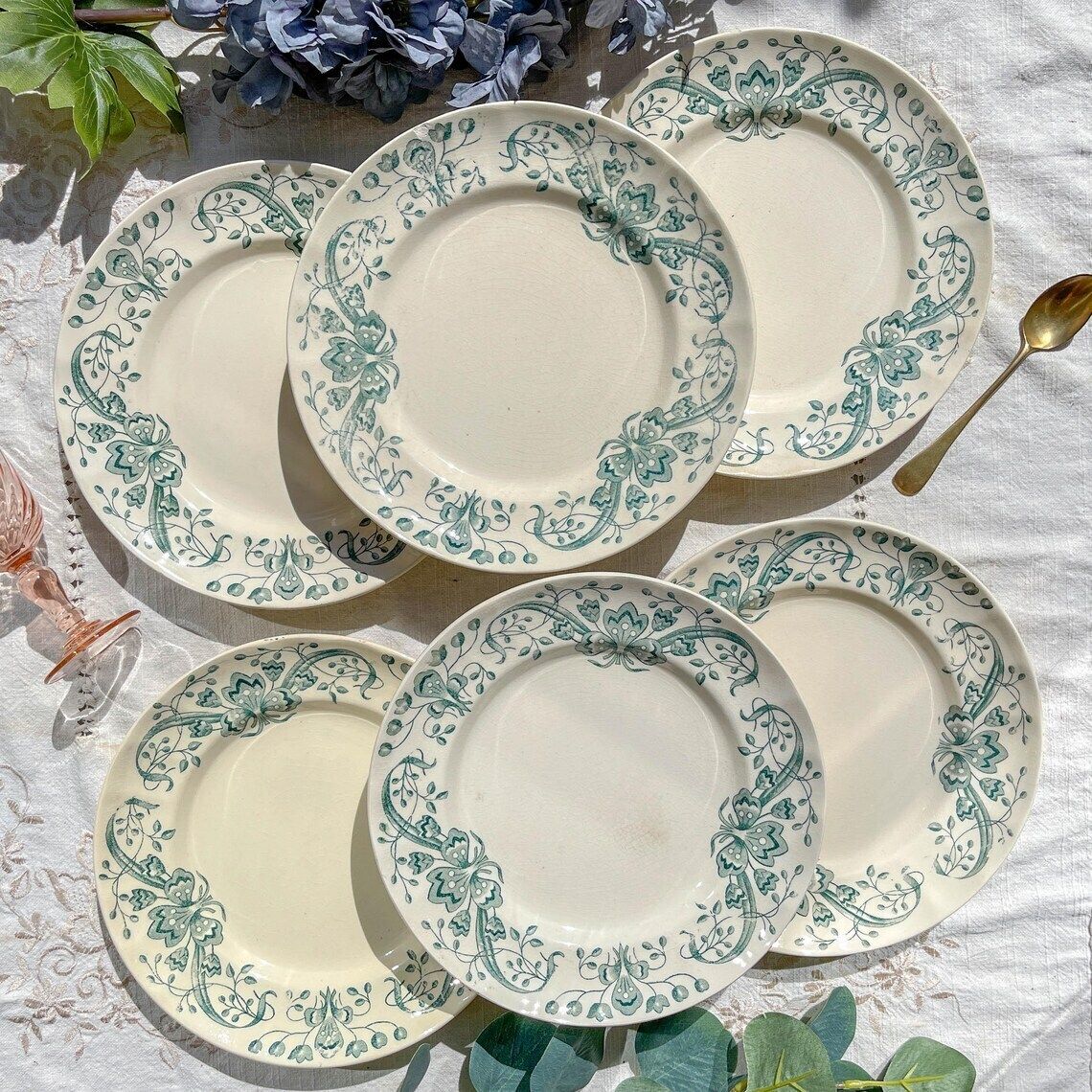 Set Of 6 Antique Soup Plates Terre De Fer Figuig  Longchamp 19th Century   Vintage French Tableware