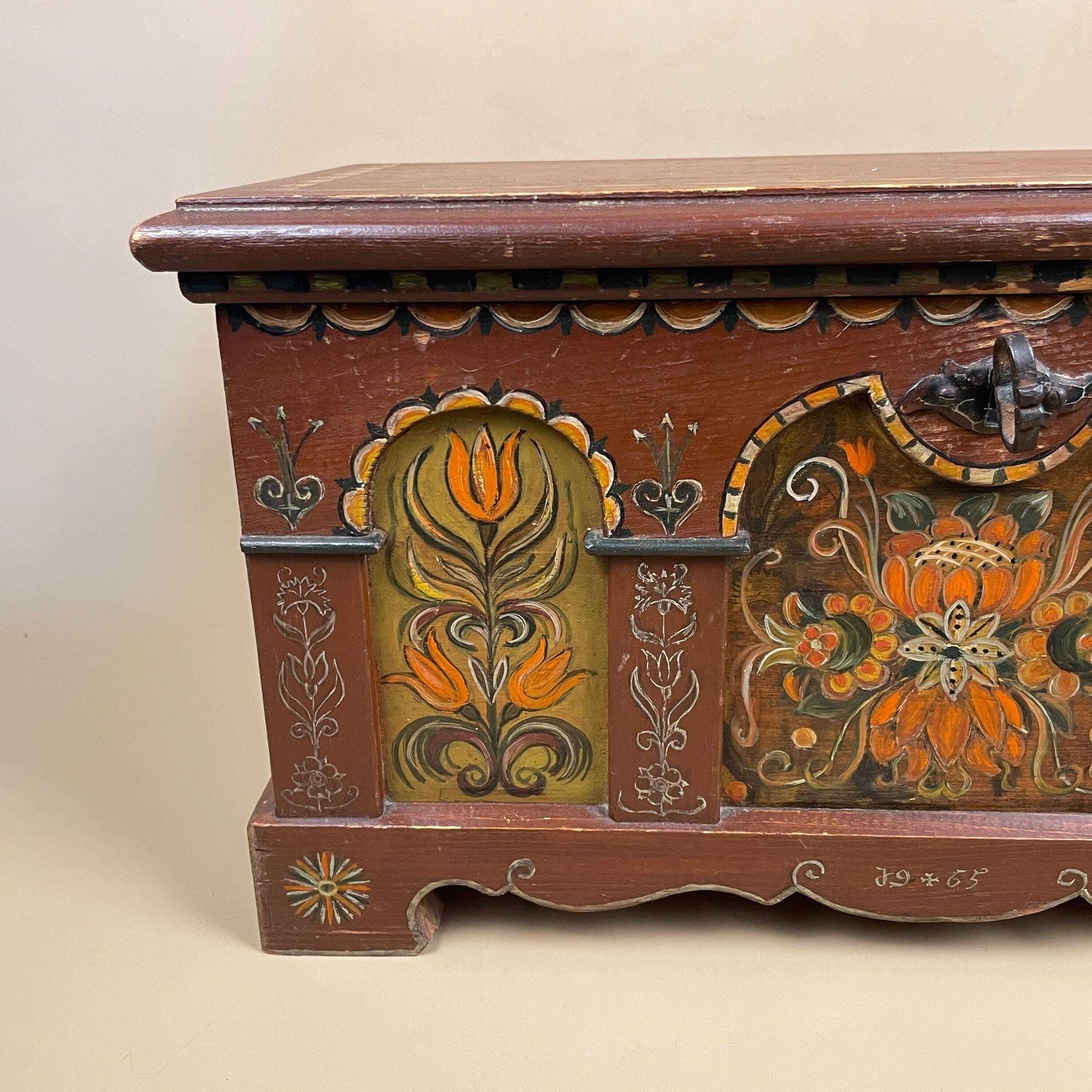 Antique Indian Handmade Wooden Box Trinket Brown Lid Lidded Wood Rectangle Hand Painted Patterned Pattern Jewellery India Old Paint photo for sale