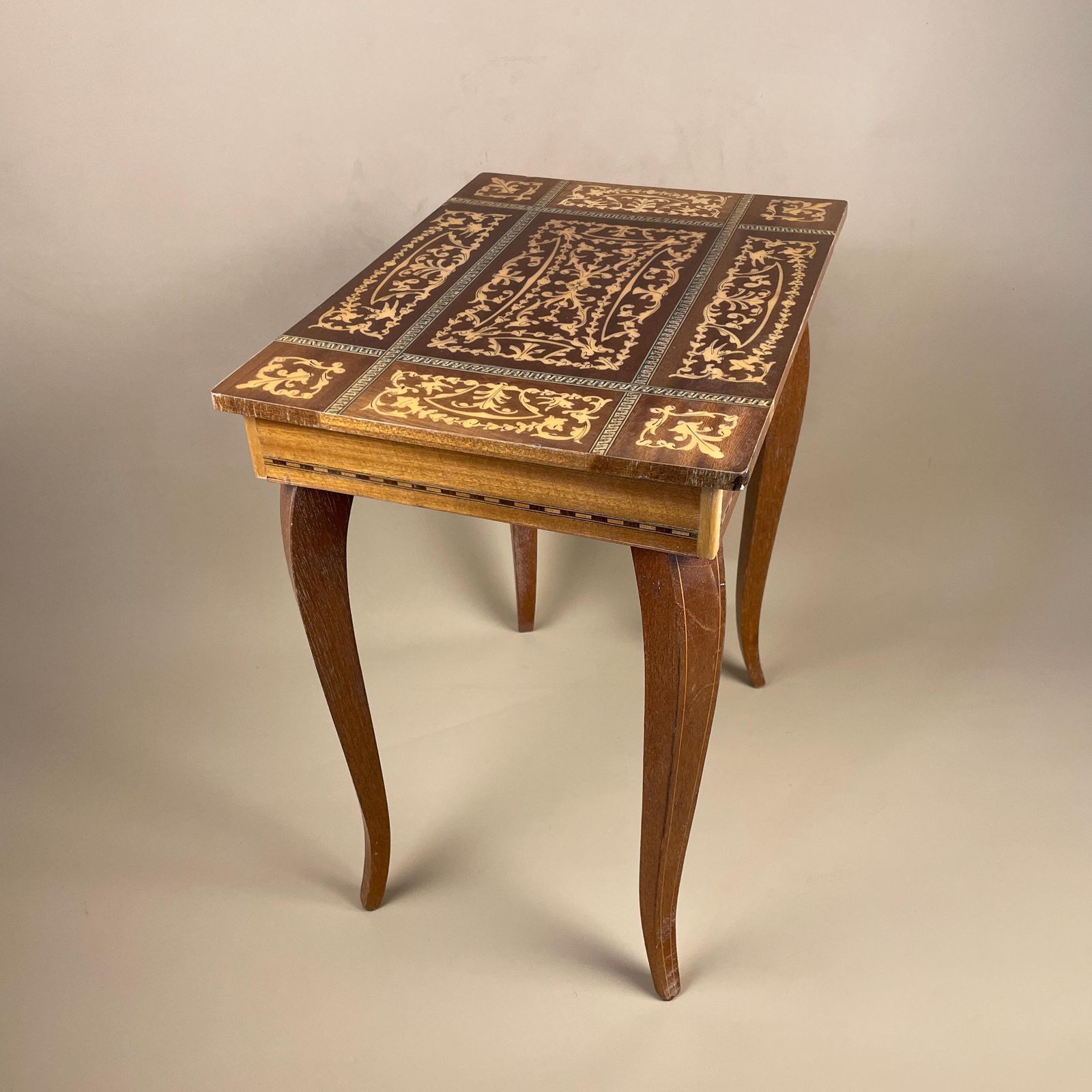 Antique Wooden Table Vintage Wood Side Musical Swiss Marquetry Patterned Reuge Side Coffee Console Hallway Plant Stand Rectangle Varnished photo furniture