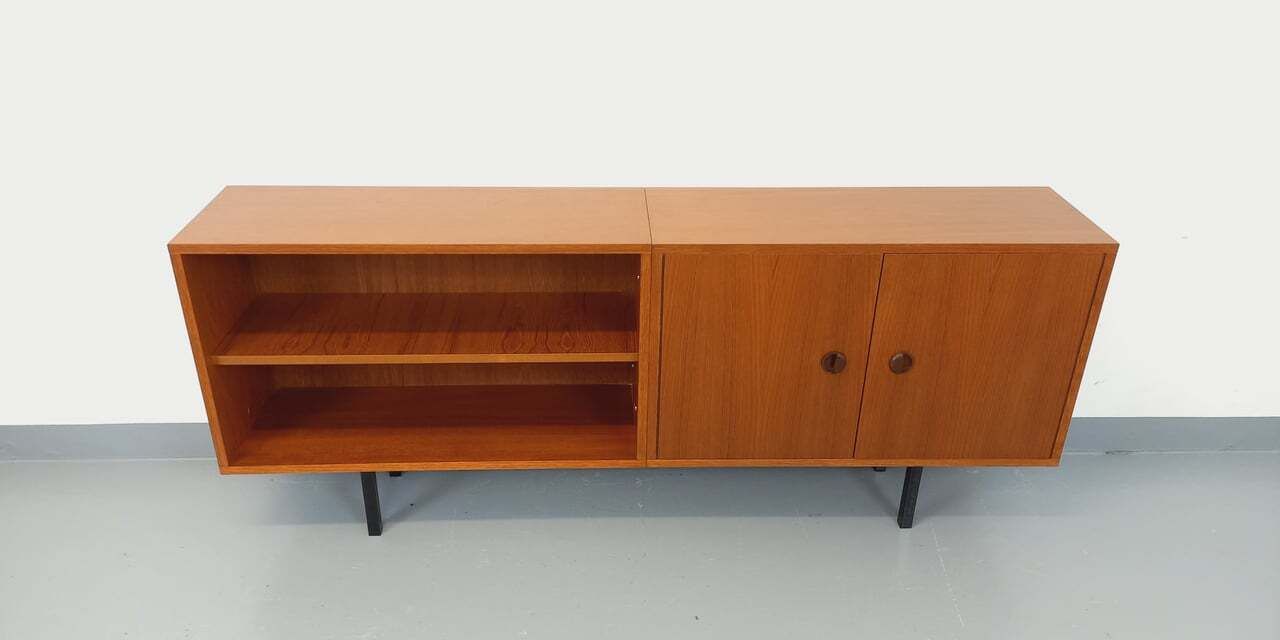 Modernist Sideboard With Teak Niche And Black Metal Legs