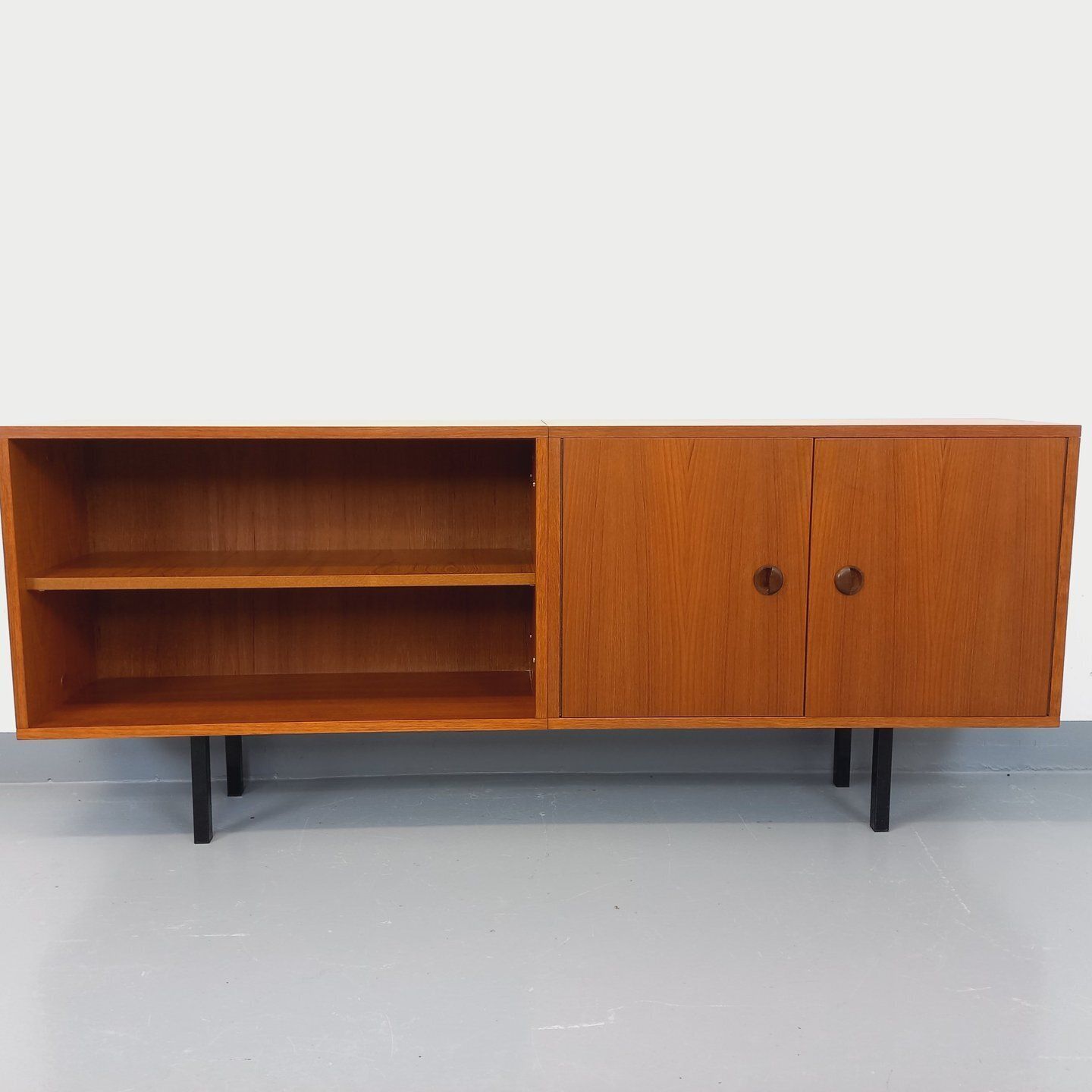 Modernist Sideboard With Teak Niche And Black Metal Legs photo vinterior