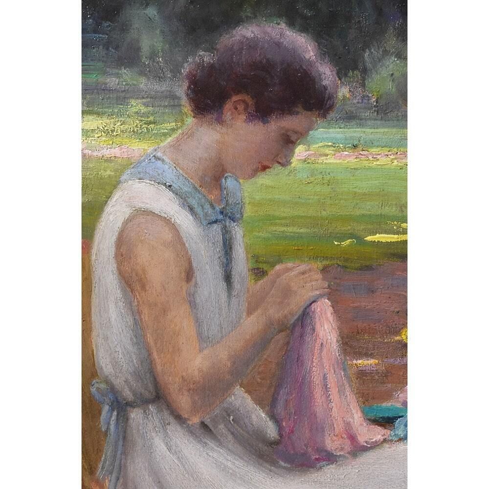 Antique Woman Portrait Painting, Young Woman Sewing In The Garden, Oil On Wood, XX Century. (Qr577) photo for sale