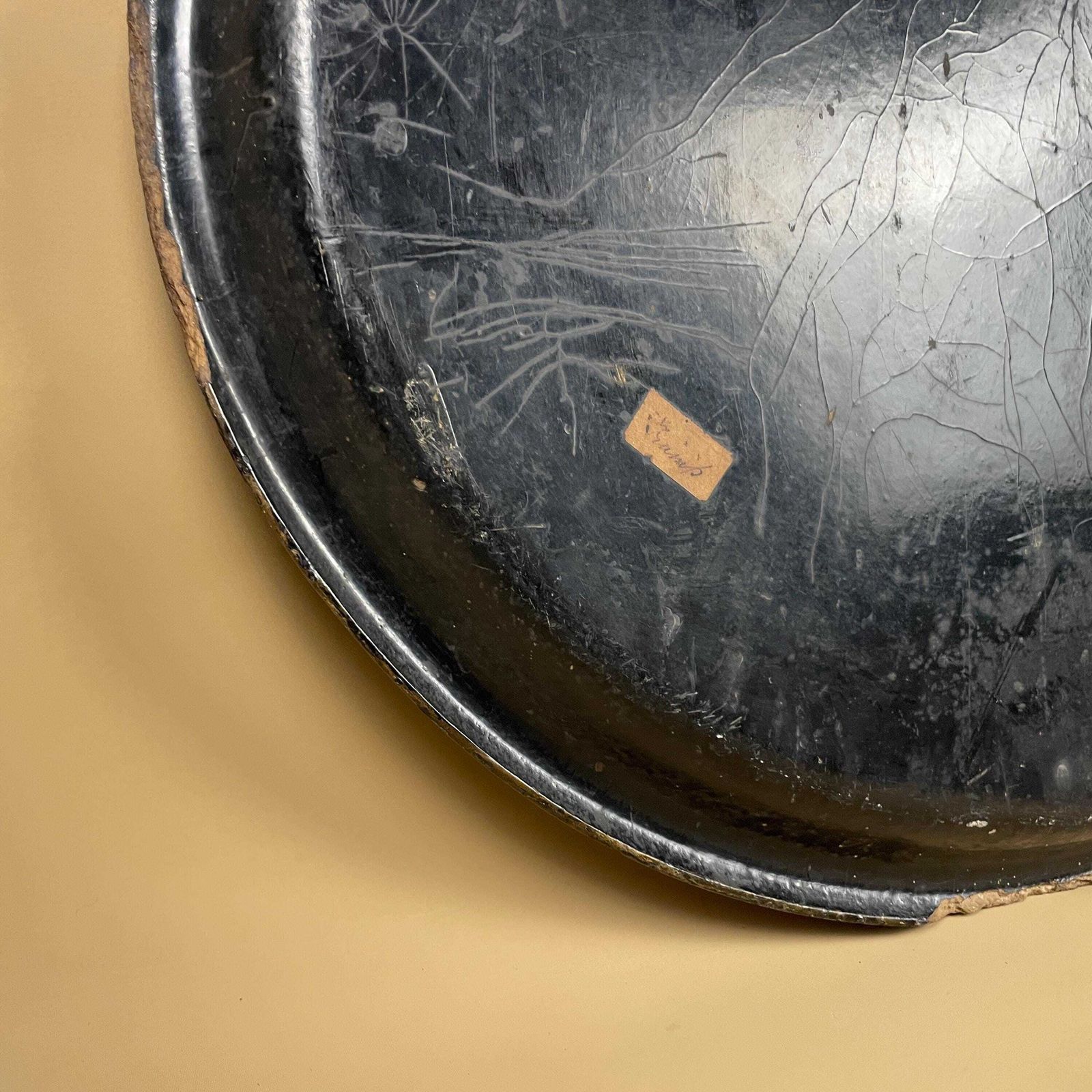 photo for sale Antique Oval Wooden Display Tray Painted Black With Pearl Inlay Floral Pattern Wall Hanging Vintage Rustic