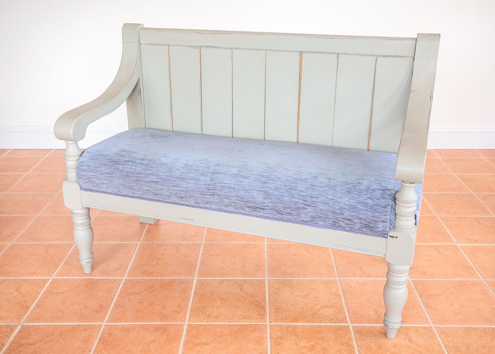 Painted Chapel Bench English Antique Upholstered Oak Late Victoria.N Grey Blue Large Church Settle Pew Upholstered Shabb.Y Chi.C Chalk Paint photo furniture