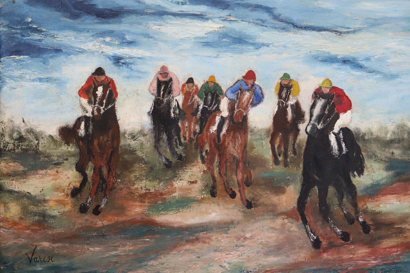 19e Eeuws Antiek Schilderij Van Jockeys In Actie Door Giacomo Varese photo vintage