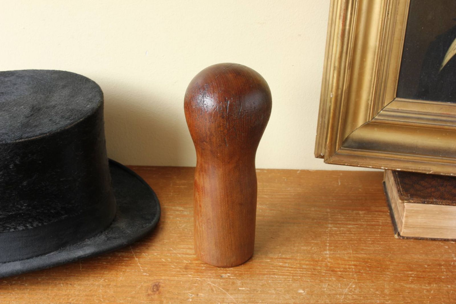Size 25 Hat Block. Small Size French Wood Milliner's Head Display Stand. photo for sale
