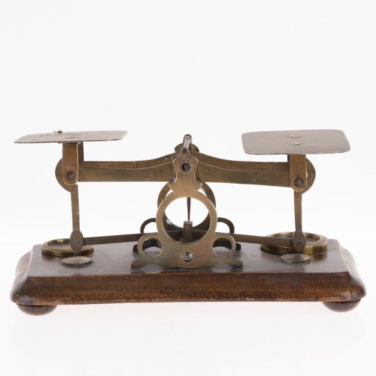 Antique Brass Postal Letters Scale With Weights photo for sale