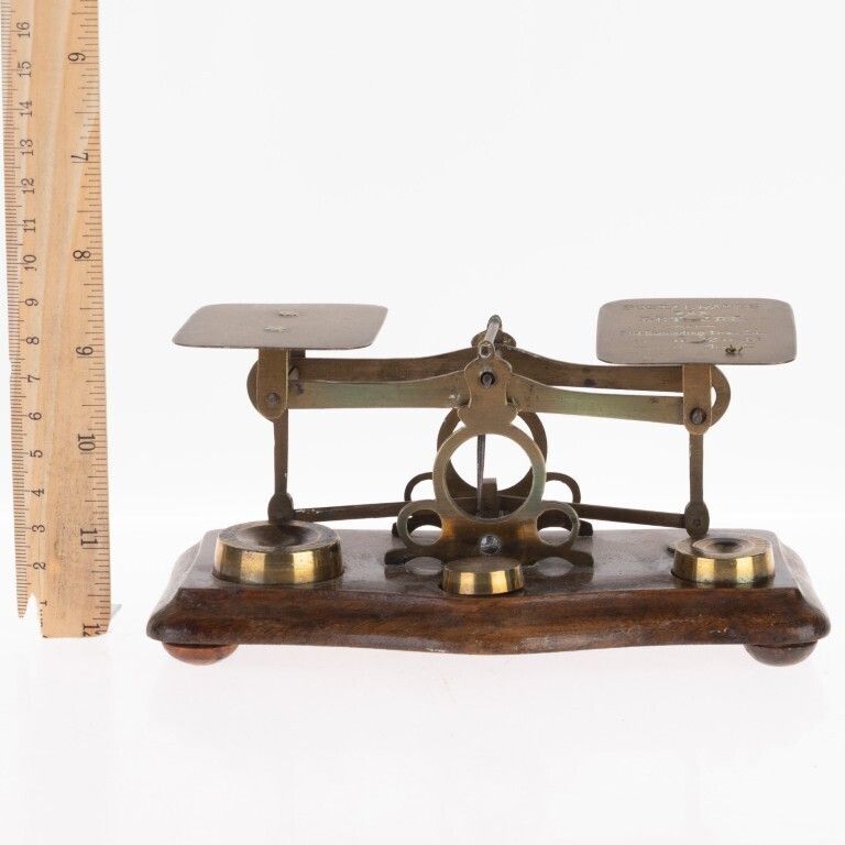 Antique Brass Postal Letters Scale With Weights photo 85.0
