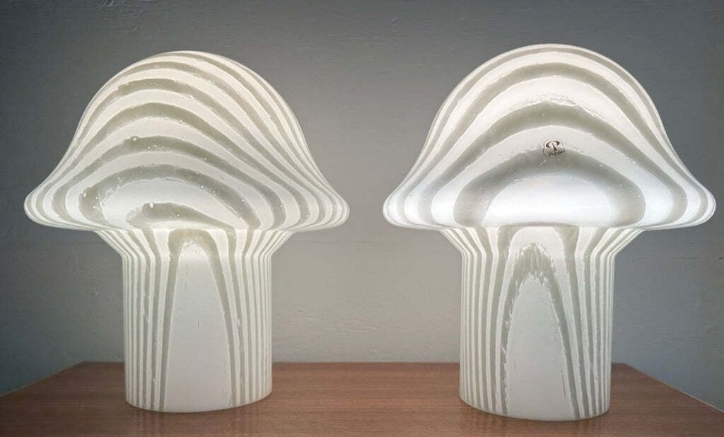 Pair Of 1970s Vintage German Space Age Peill & Putzler Striped Glass Mushroom Shaped Table Lamps photo for sale
