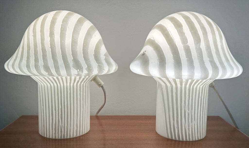 Pair Of 1970s Vintage German Space Age Peill & Putzler Striped Glass Mushroom Shaped Table Lamps photo vintage
