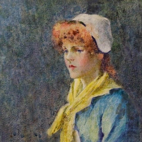 W. H. H   Framed Late 19th Century Watercolour, Lady With The Yellow Neck Scarf photo Art