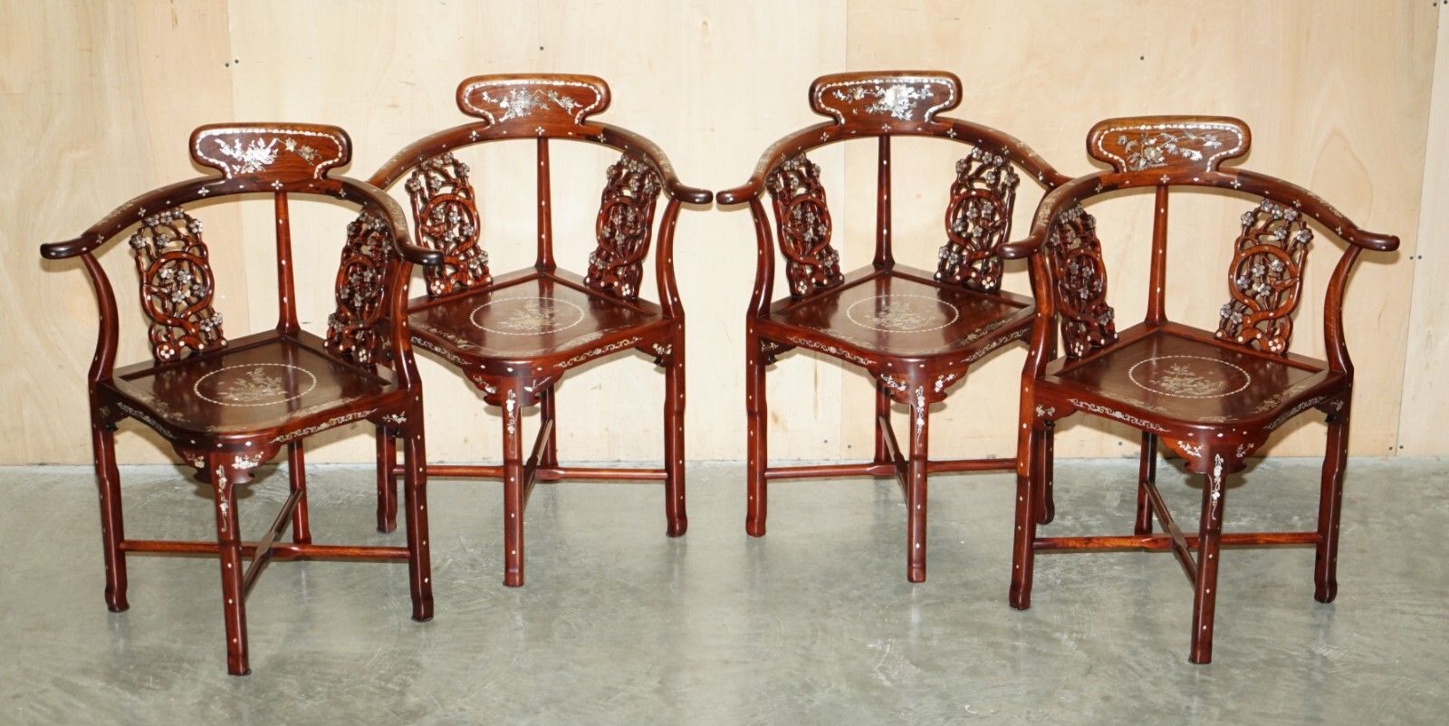 Furniture Antique Cinese Export Rosewood & Mother Of Pearl Circa 1920's Table & Chairs Set photo