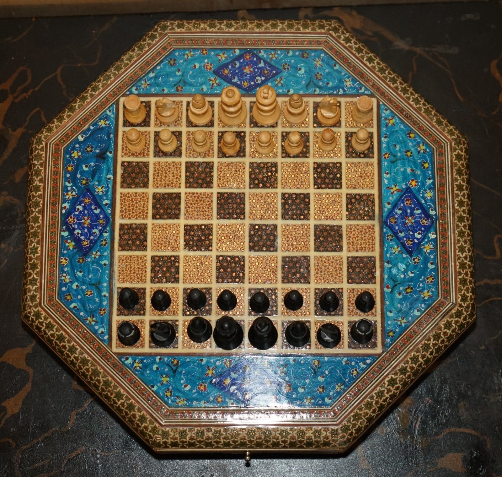 Stunning Decorative Vintage Persian Chess Board With Staunton Style Chess Pieces photo for sale