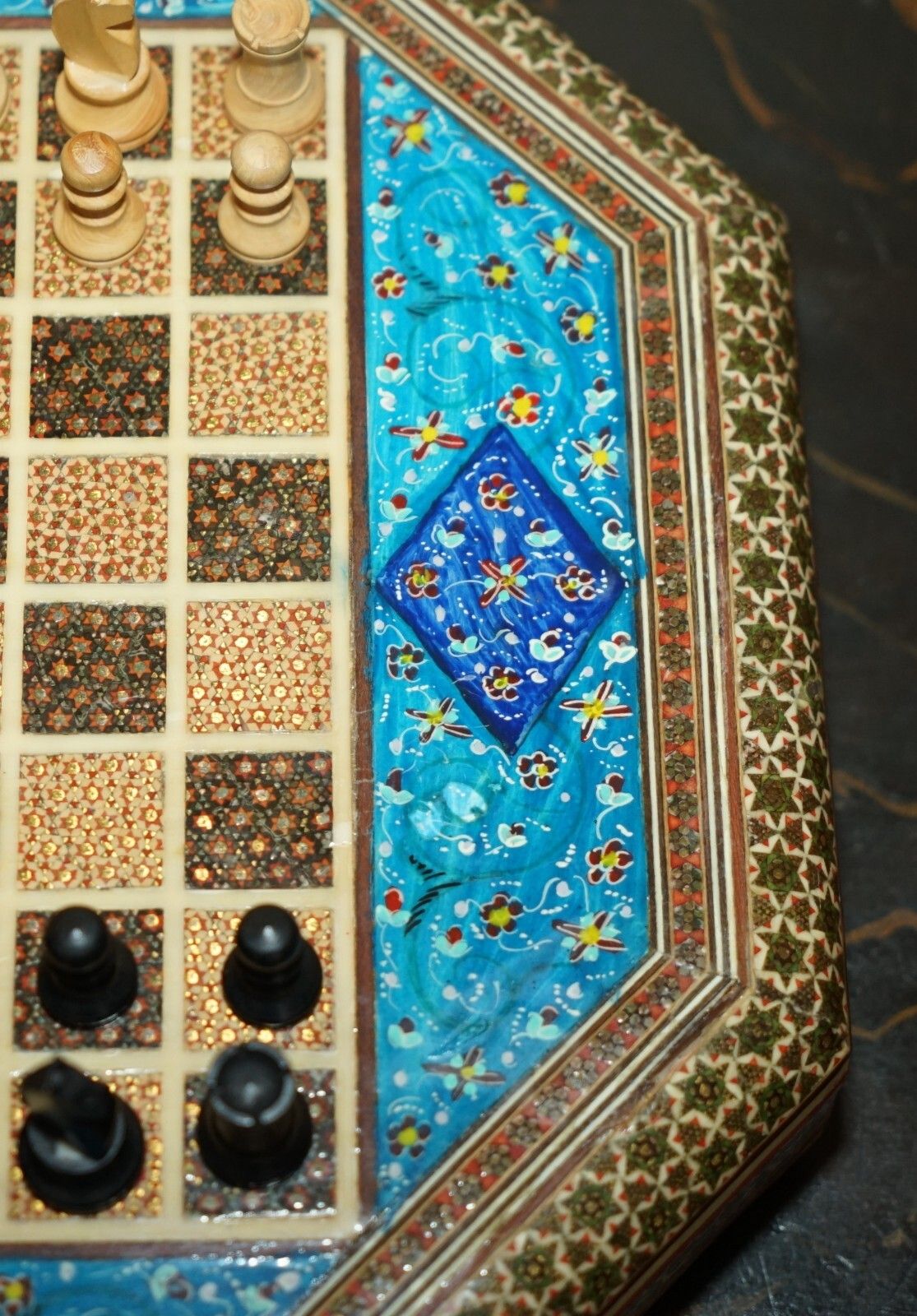 Stunning Decorative Vintage Persian Chess Board With Staunton Style Chess Pieces photo 995.0