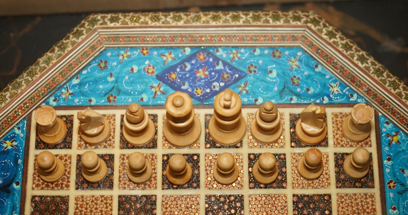 Stunning Decorative Vintage Persian Chess Board With Staunton Style Chess Pieces photo vinterior
