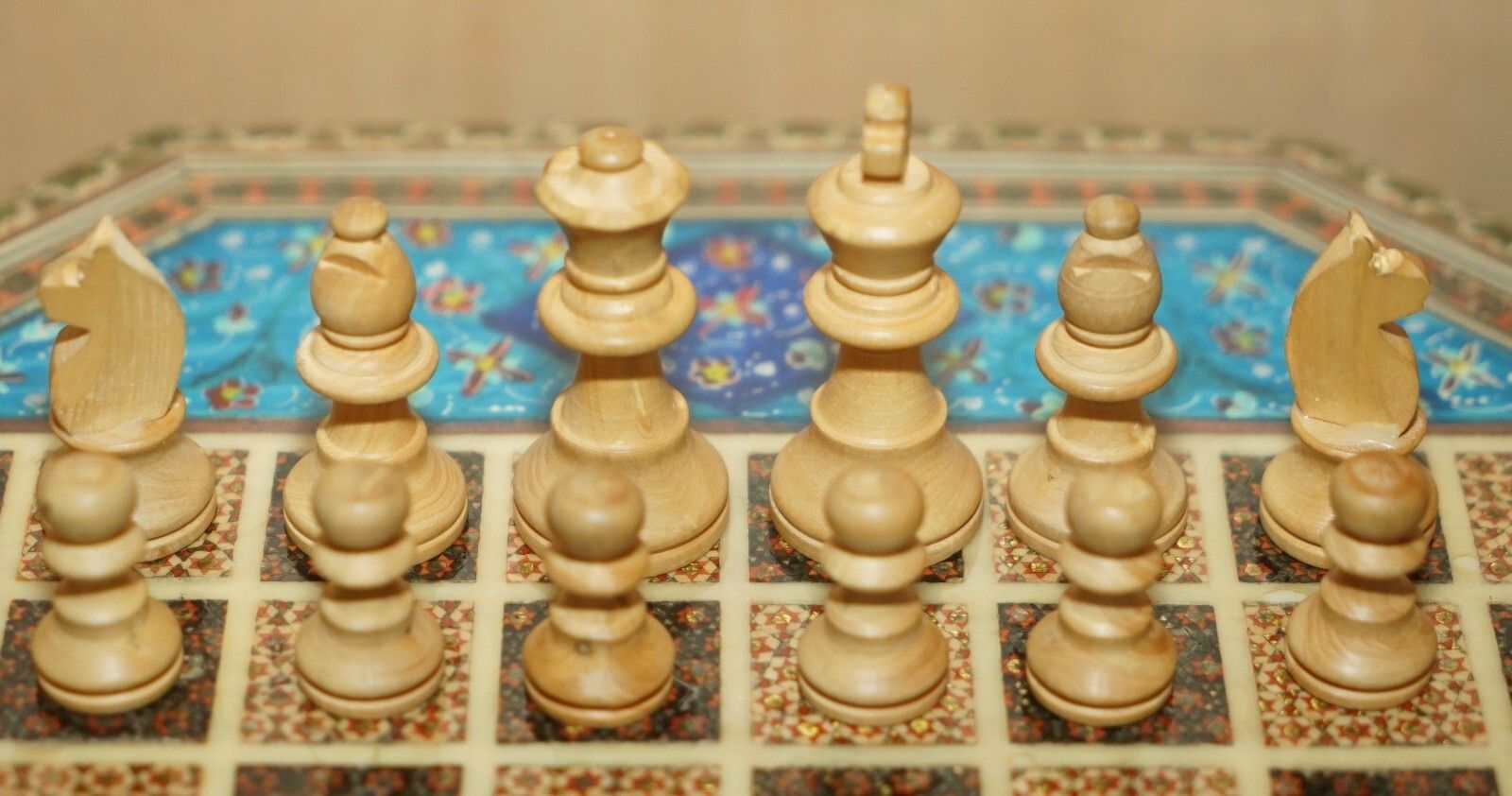 photo for sale Stunning Decorative Vintage Persian Chess Board With Staunton Style Chess Pieces