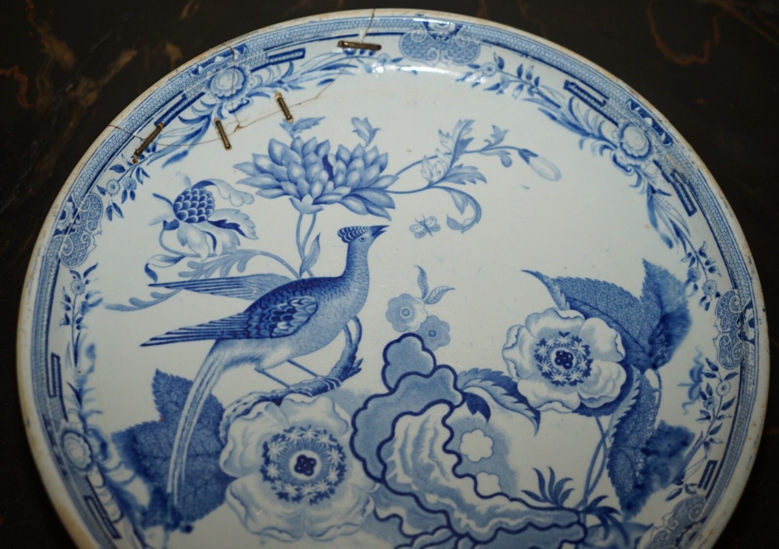 Antique Repaired Mid 19th Century Stone China Chinese Porcelain Charger Plate photo for sale
