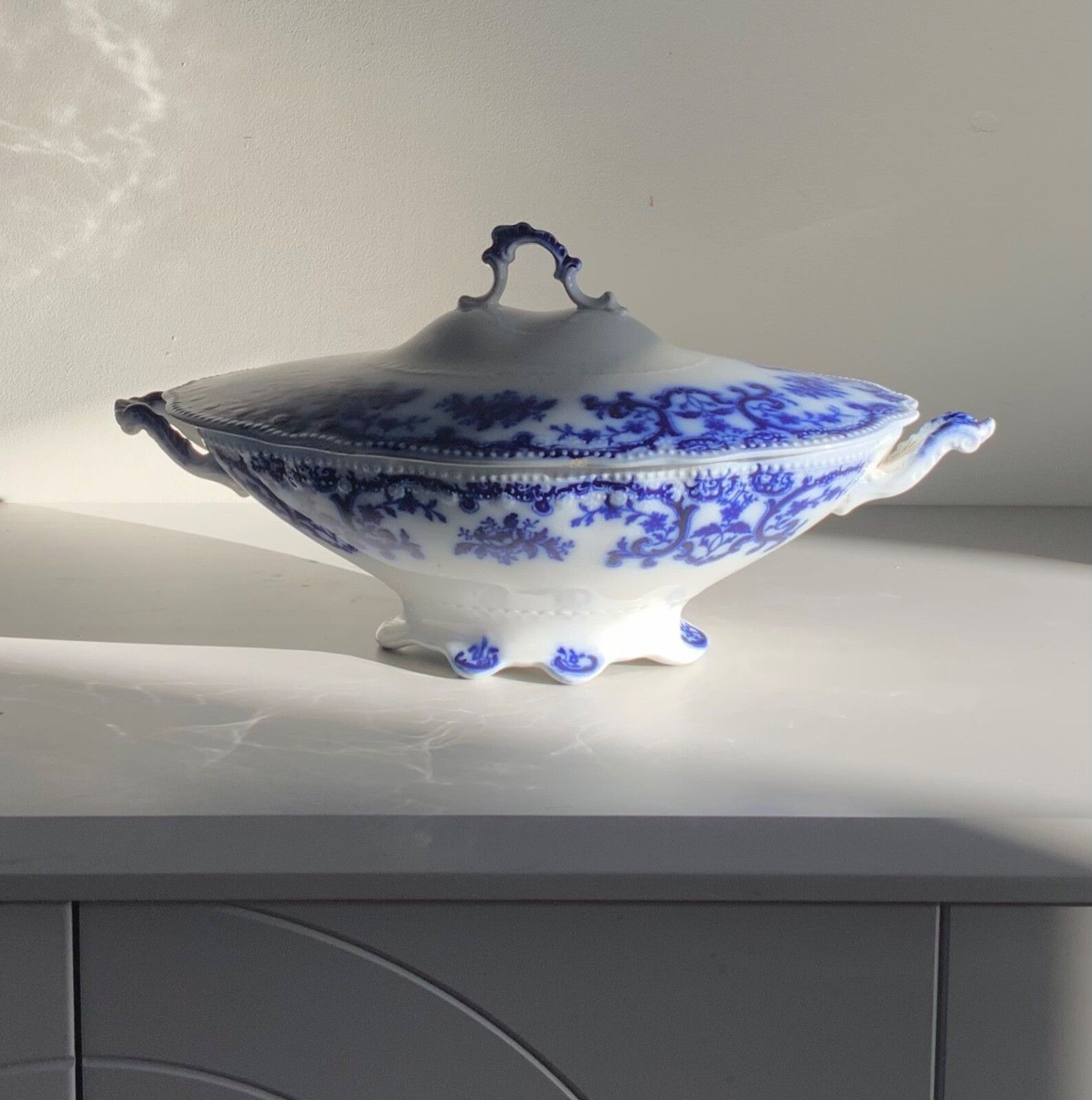 Antique W.H.Grindley &Co Portman, Flow Blue, Oval Footed Vegetable Tureen 1900s photo for sale