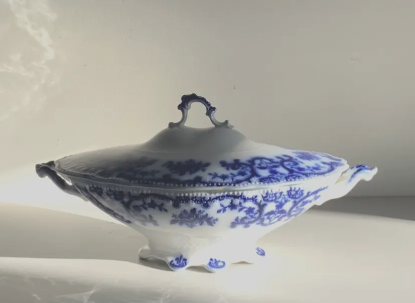 Antique W.H.Grindley &Co Portman, Flow Blue, Oval Footed Vegetable Tureen 1900s photo Home Decor