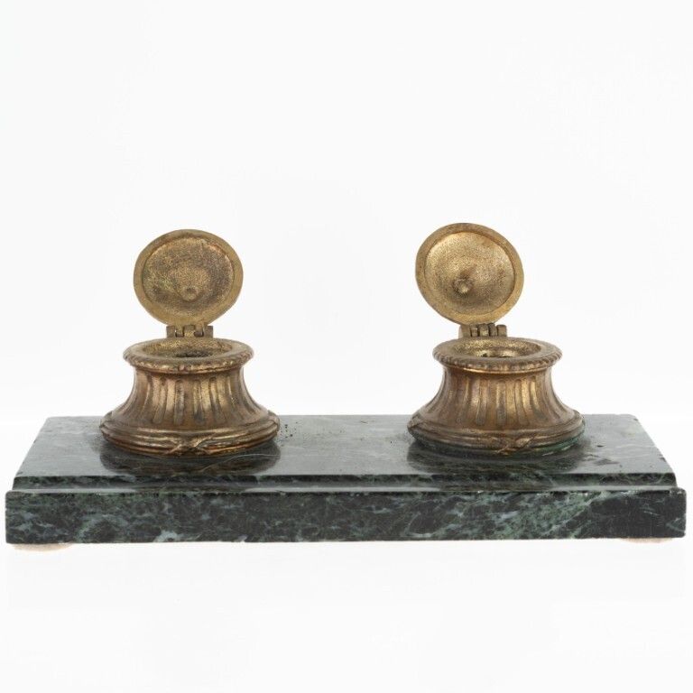 Antique Desk Bronze Inkwells On Marble Base photo furniture