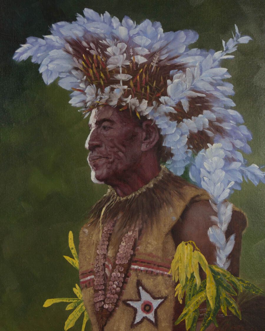 B. Strauss   Framed 20th Century Acrylic, Man In A Blue Feather Headdress photo furniture