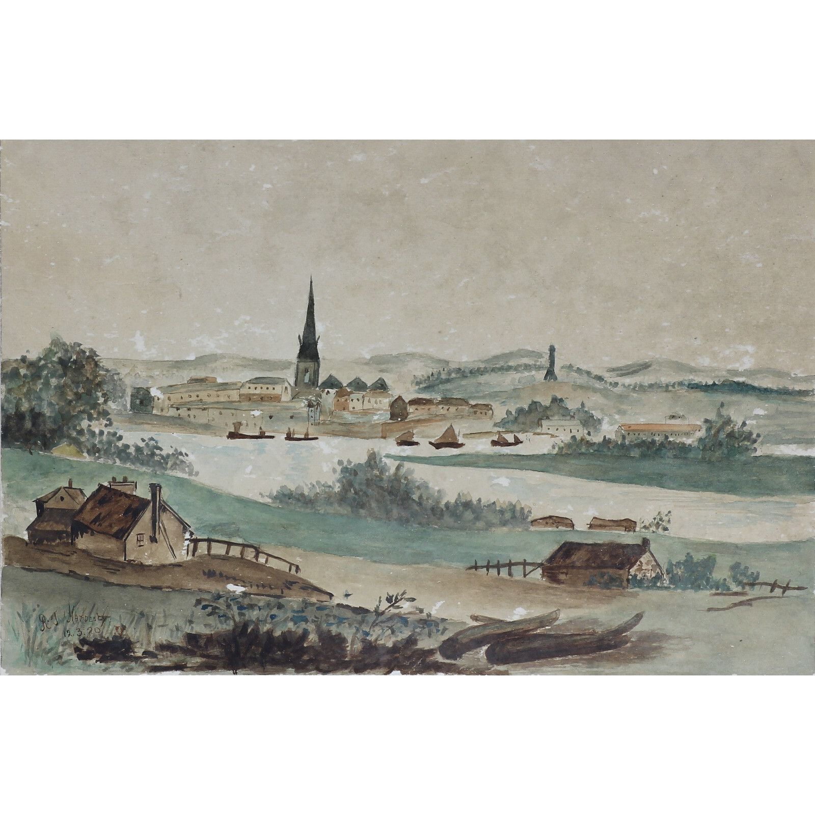 Watercolour By R. J. Hardesty. Landscape Town On A River