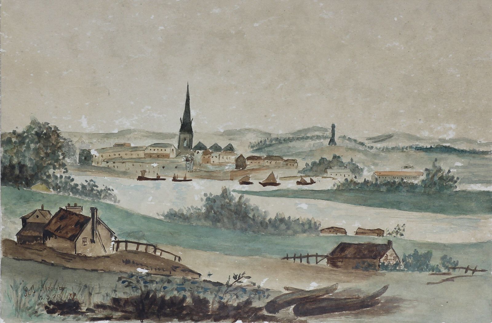 Watercolour By R. J. Hardesty. Landscape Town On A River photo Art