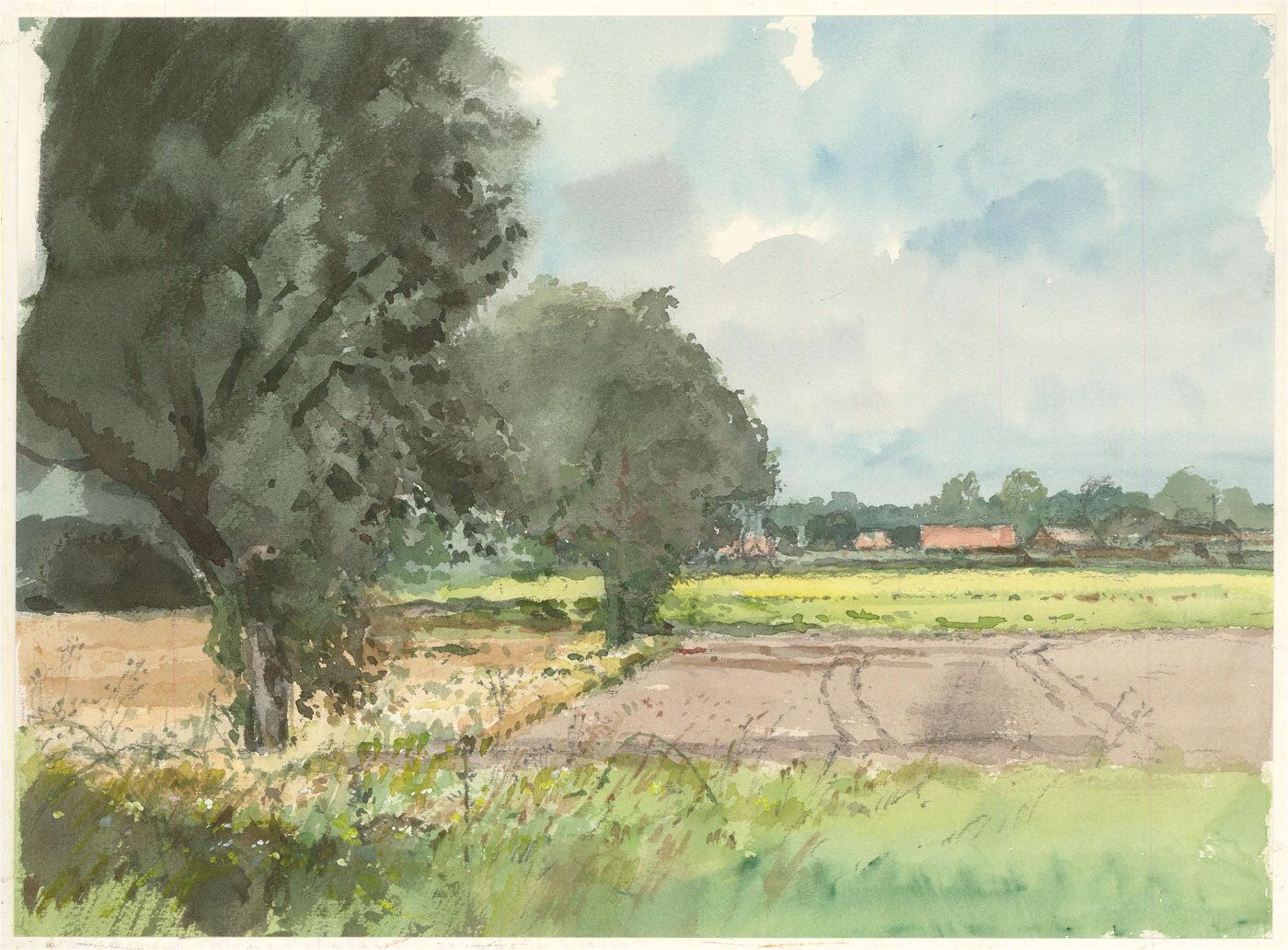 Keith Johnson (1931 2018)   Contemporary Watercolour, Farm View With Trees photo furniture