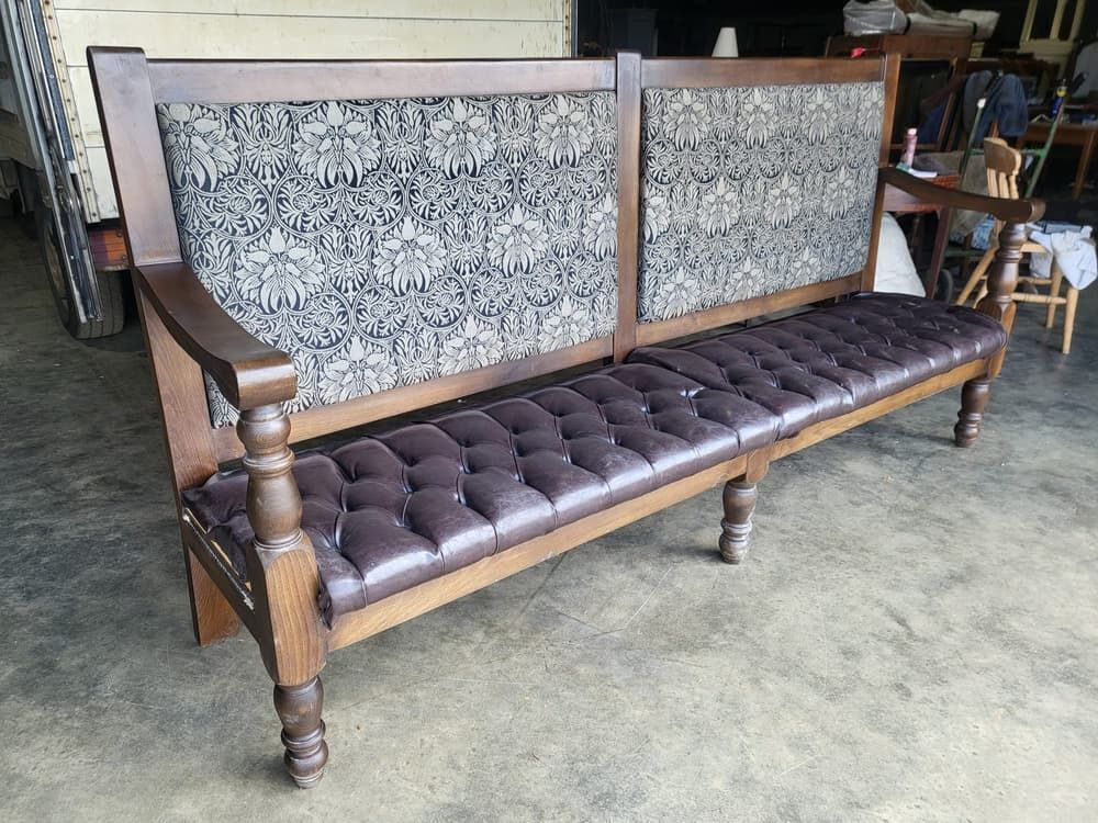Large 8' Leather Seat High Back Bench Seat Turned Legs Home Business