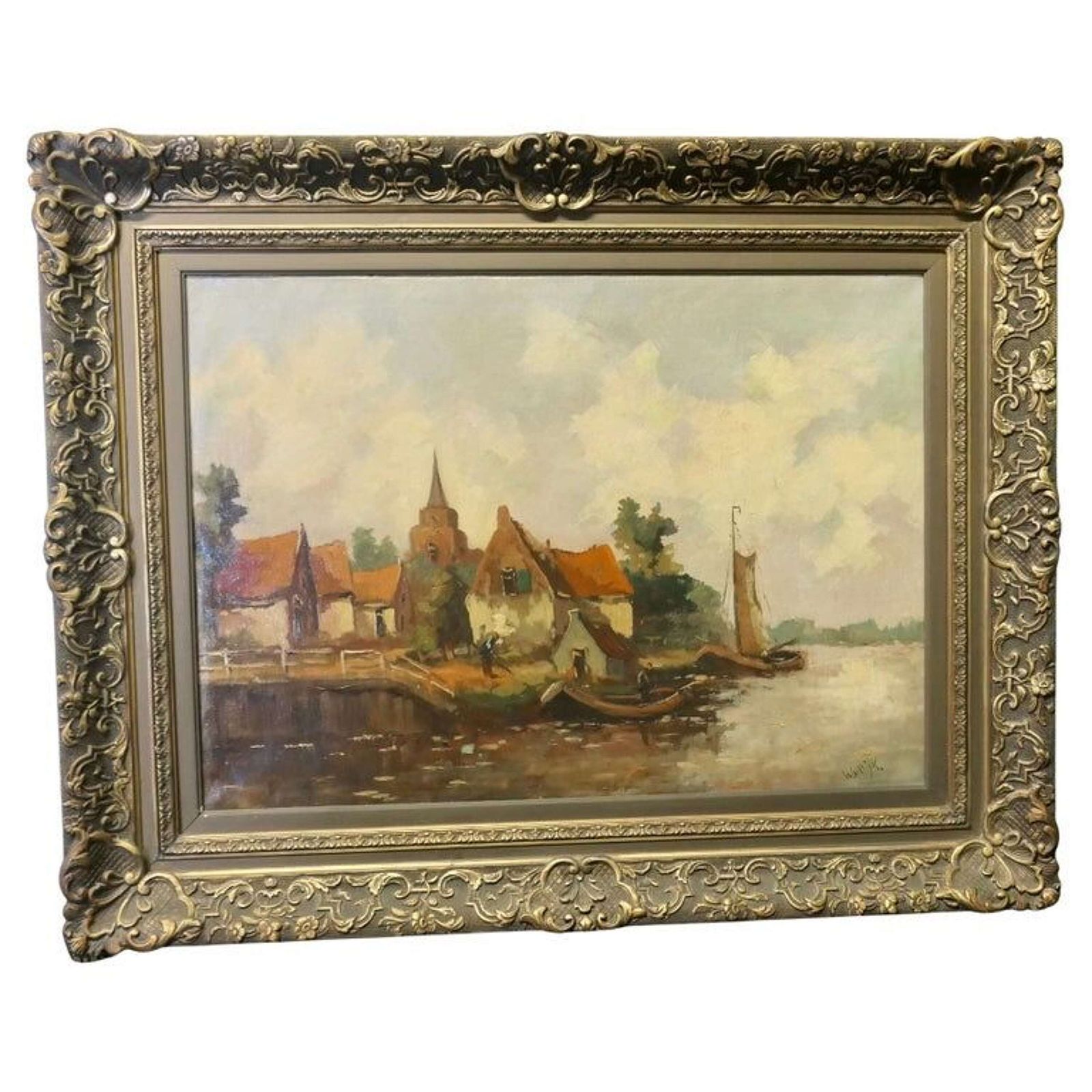 19th Century Oil Painting, Signed W.Vdijk, Village From The Water