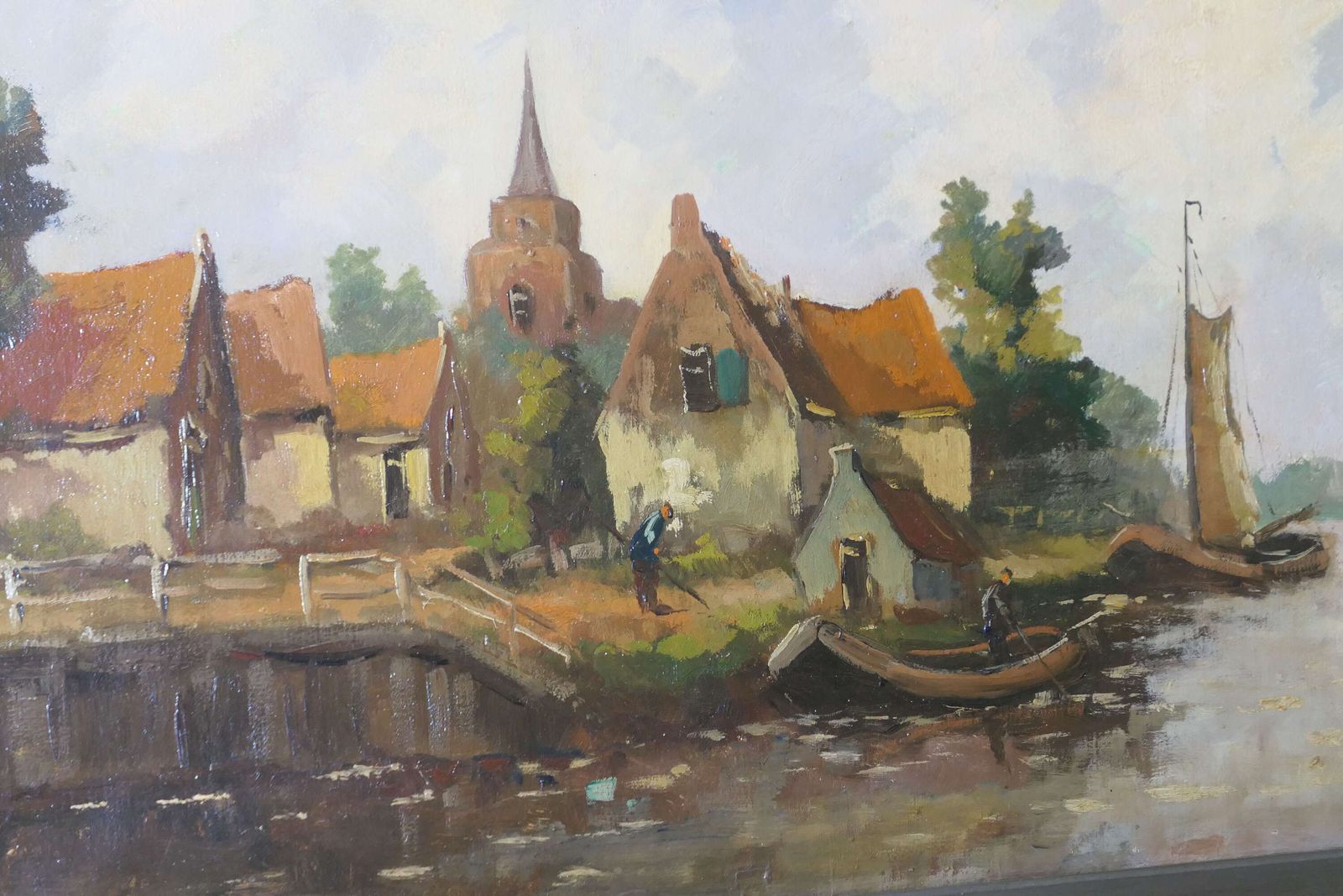 19th Century Oil Painting, Signed W.Vdijk, Village From The Water photo furniture