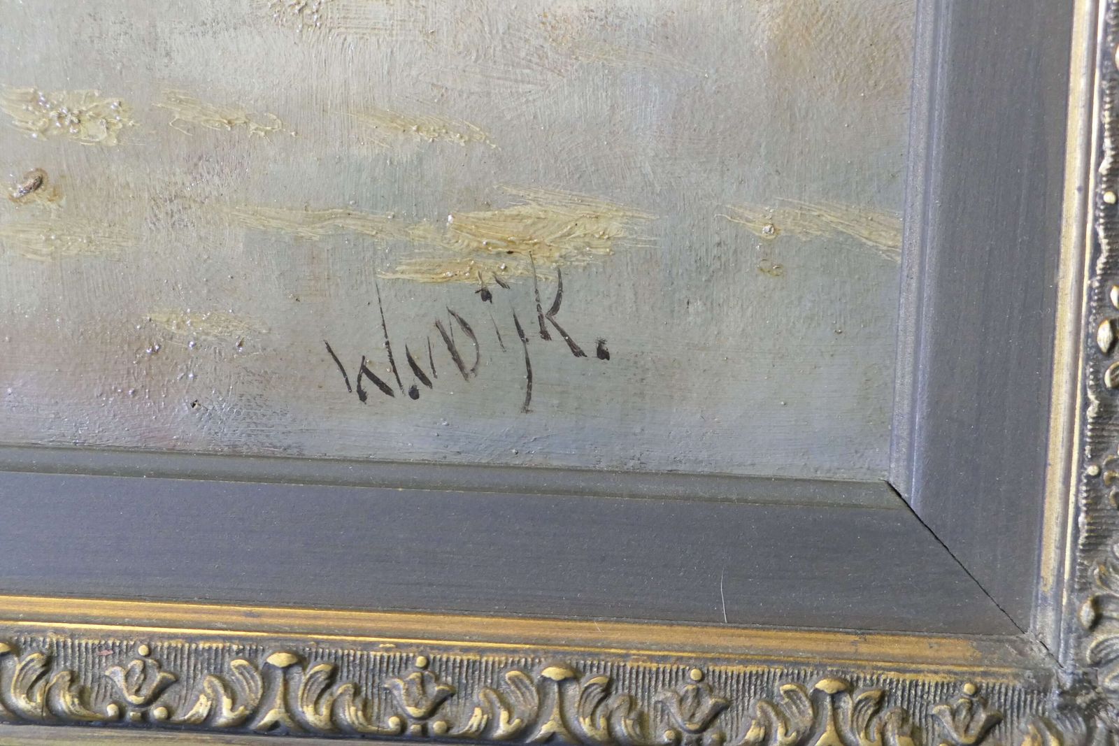 19th Century Oil Painting, Signed W.Vdijk, Village From The Water photo for sale