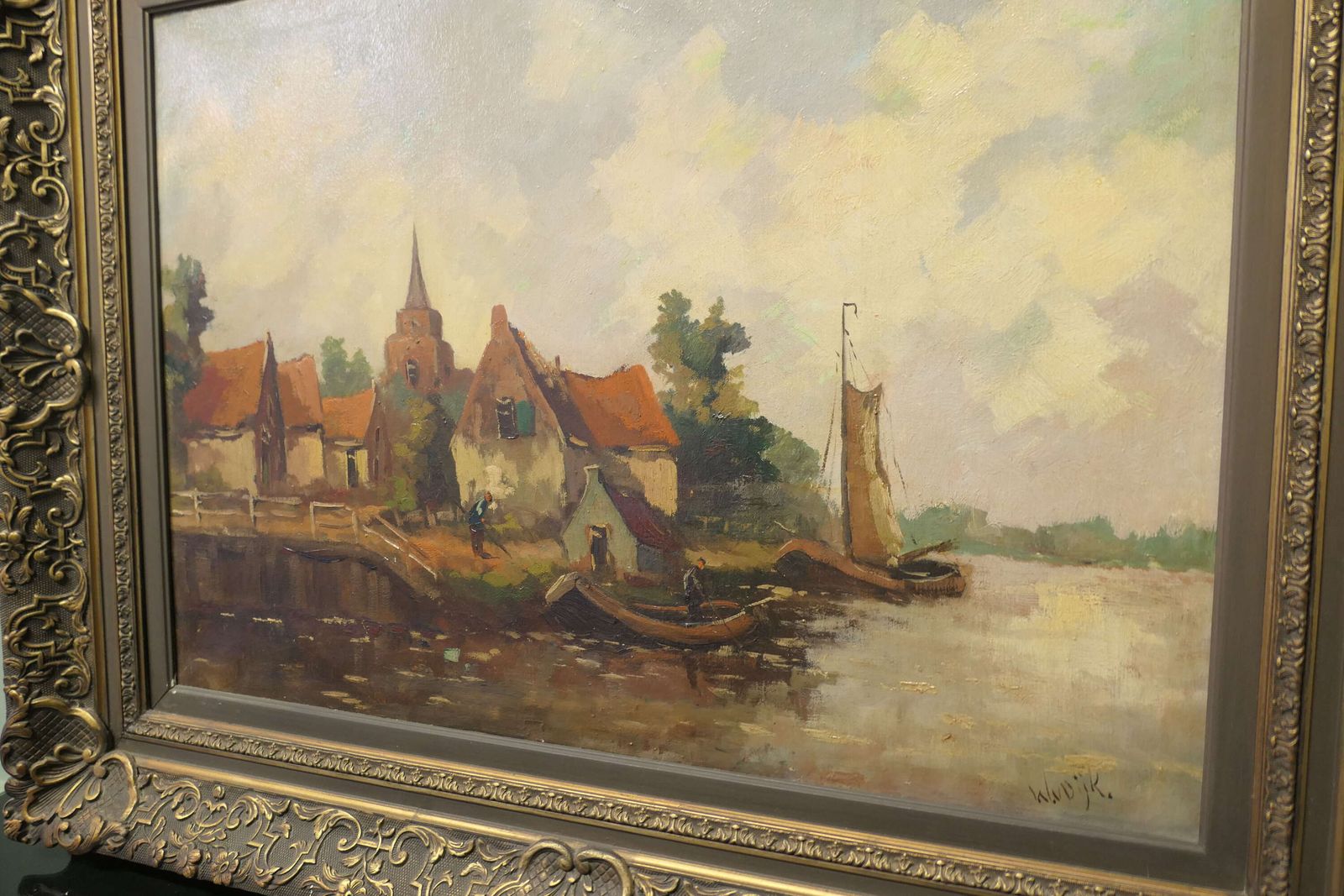 19th Century Oil Painting, Signed W.Vdijk, Village From The Water photo Art