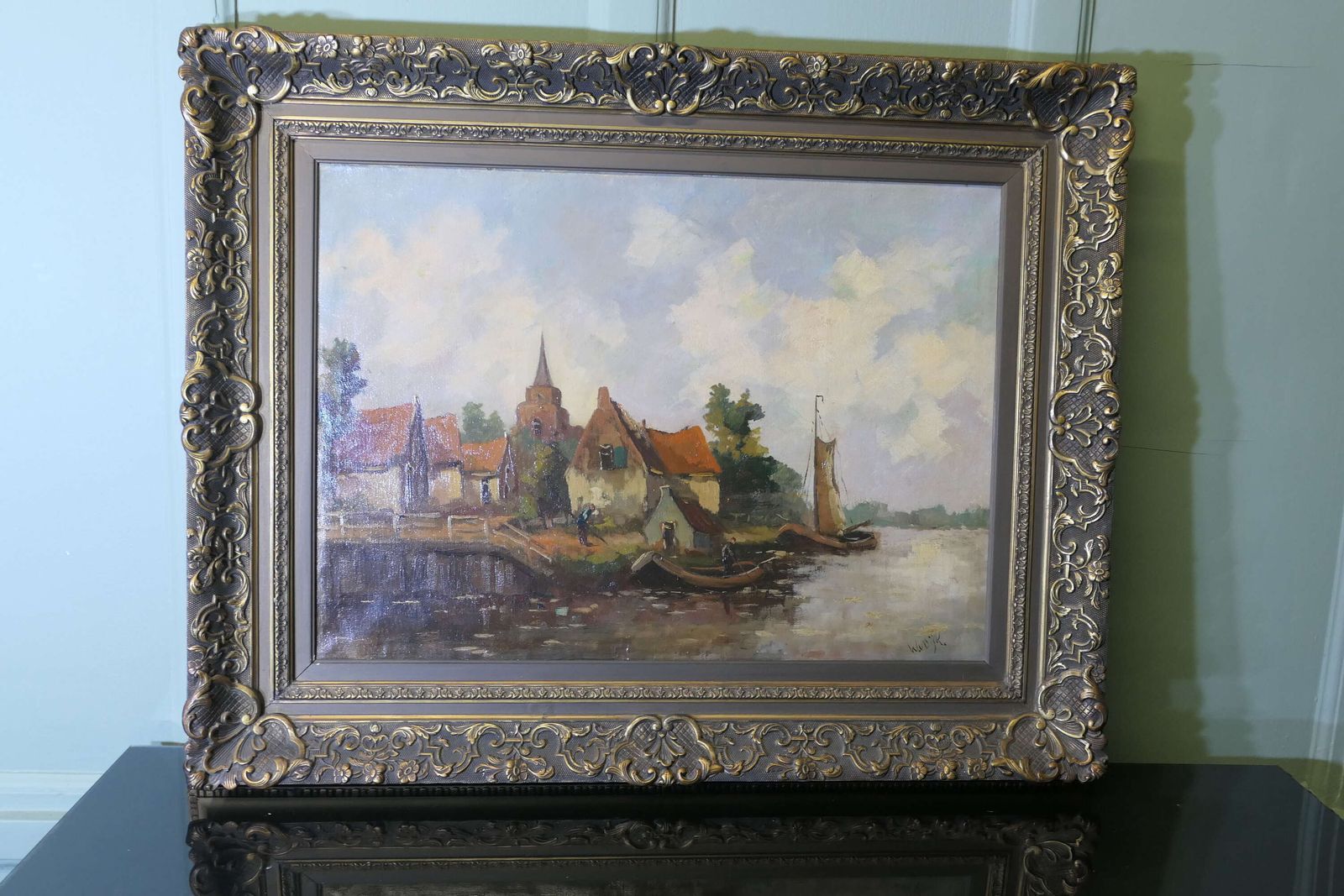 19th Century Oil Painting, Signed W.Vdijk, Village From The Water photo vintage