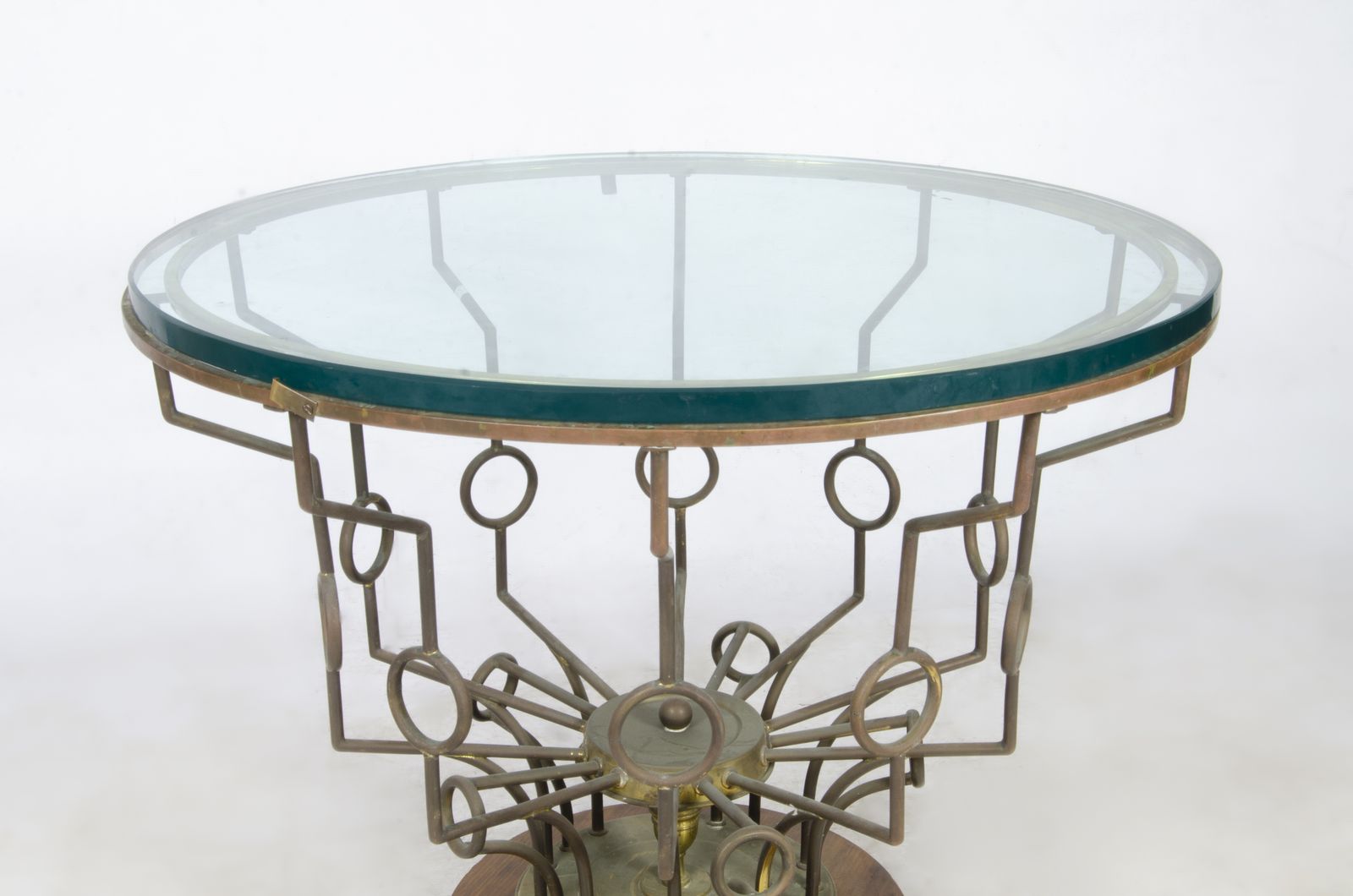 1940s Mid Century Modern Circular Glass Side Table With Bronze Structure, France photo vinterior