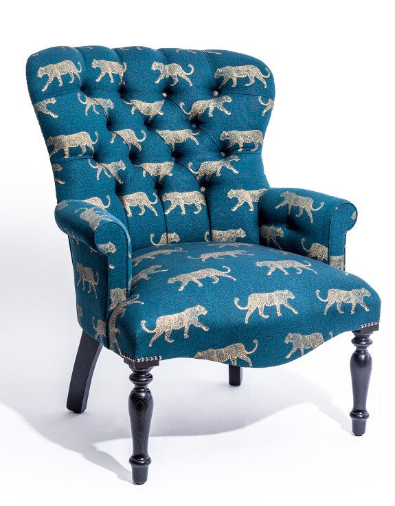 Rare Gold Leopard On Teal Button Back Occasional Armchair Hand Made In The Uk