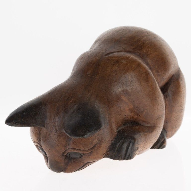 Mid Century Hand Carved Wooden Cat Sculpture