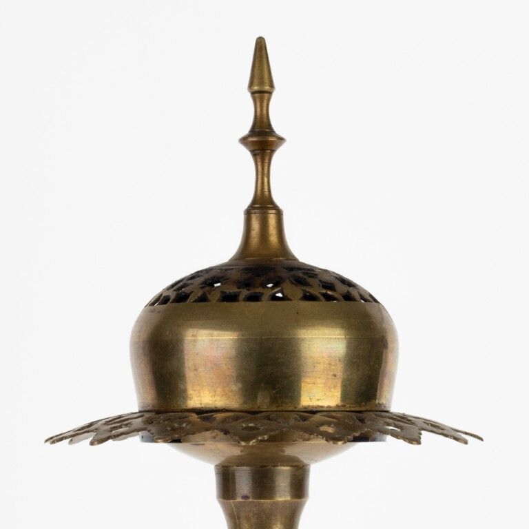 Antique Indian Pierced Bronze Incense Burner On Wooden Stand photo for sale