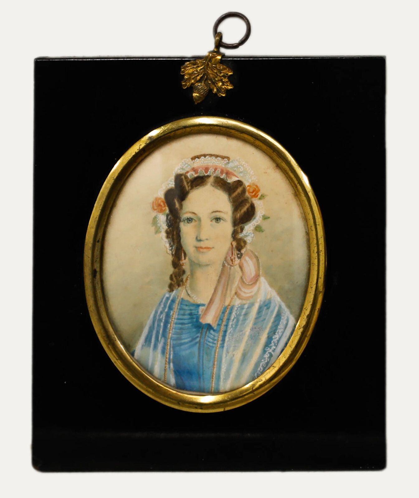 Miniature 19th Century Watercolour   Lady With A Lace Bonnet