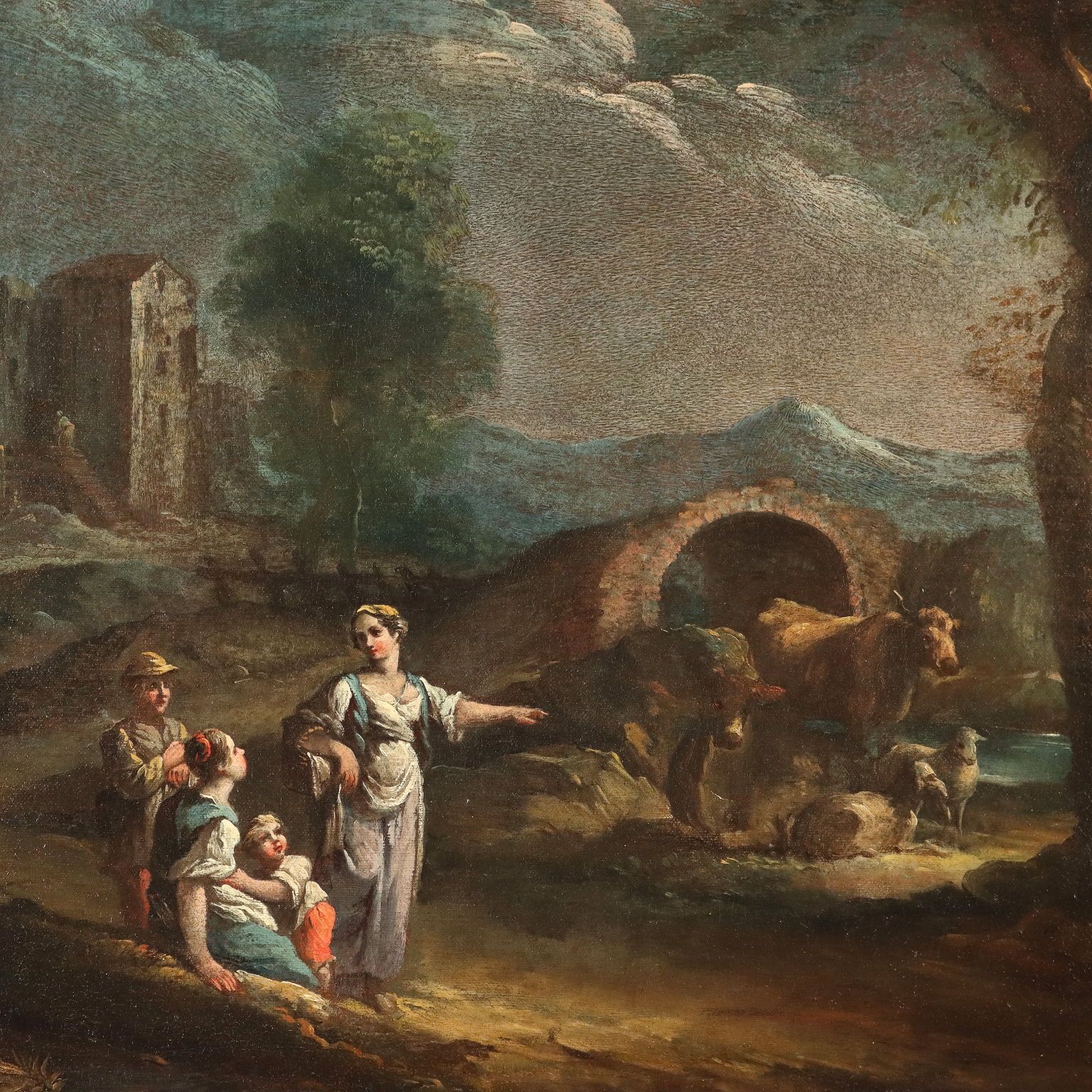 Antique Painting Landscape With Figures Oil On Canvas XVIII Century photo for sale
