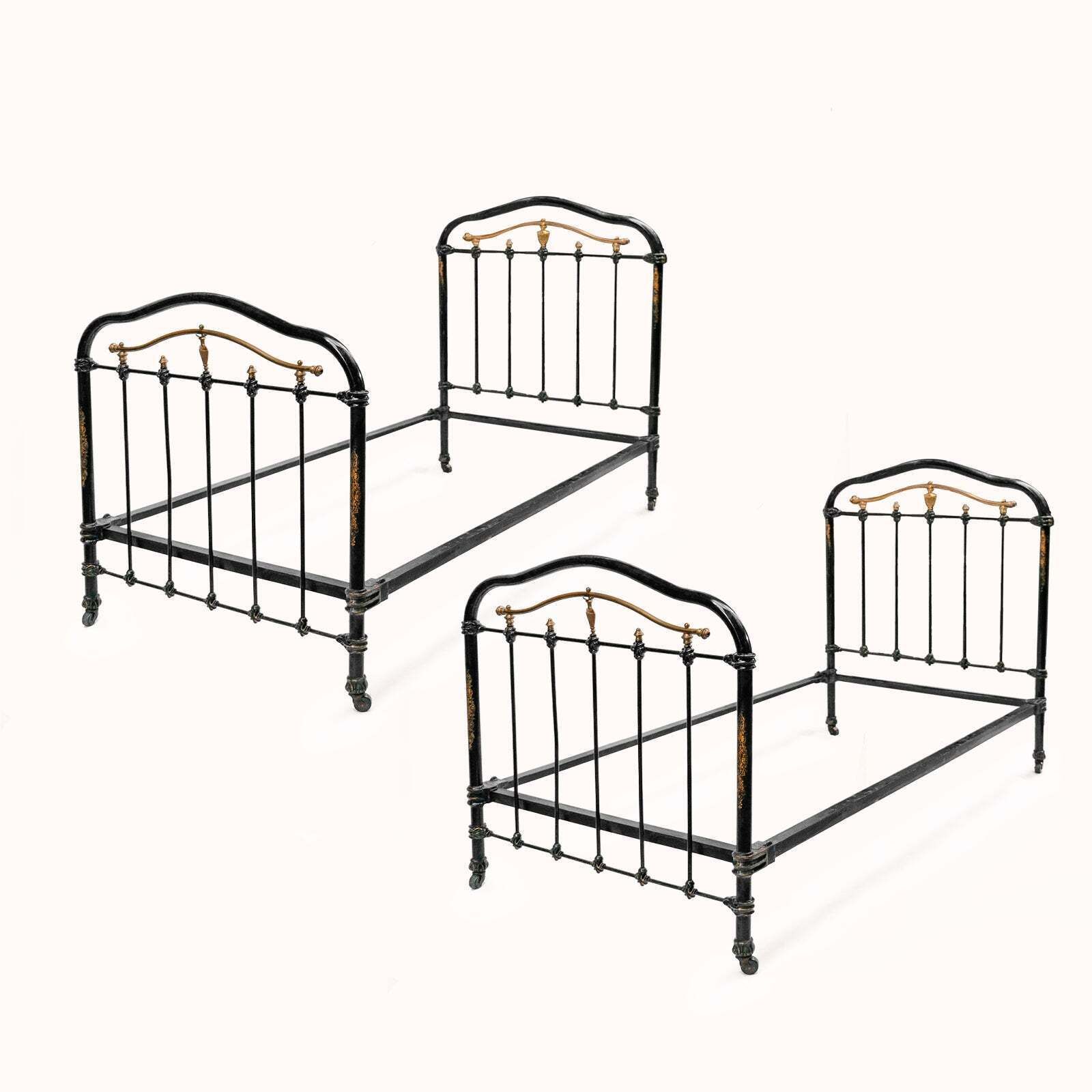 Matching Pair Of Antique Cast Iron Antique Single Beds In Black And Gold