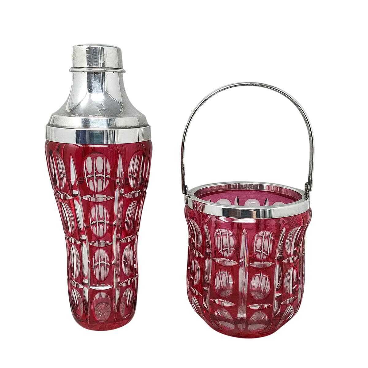 1960s Gorgeous Red Bohemian Cut Crystal Glass Cocktail Shaker With Ice Bucket. Made In Italy