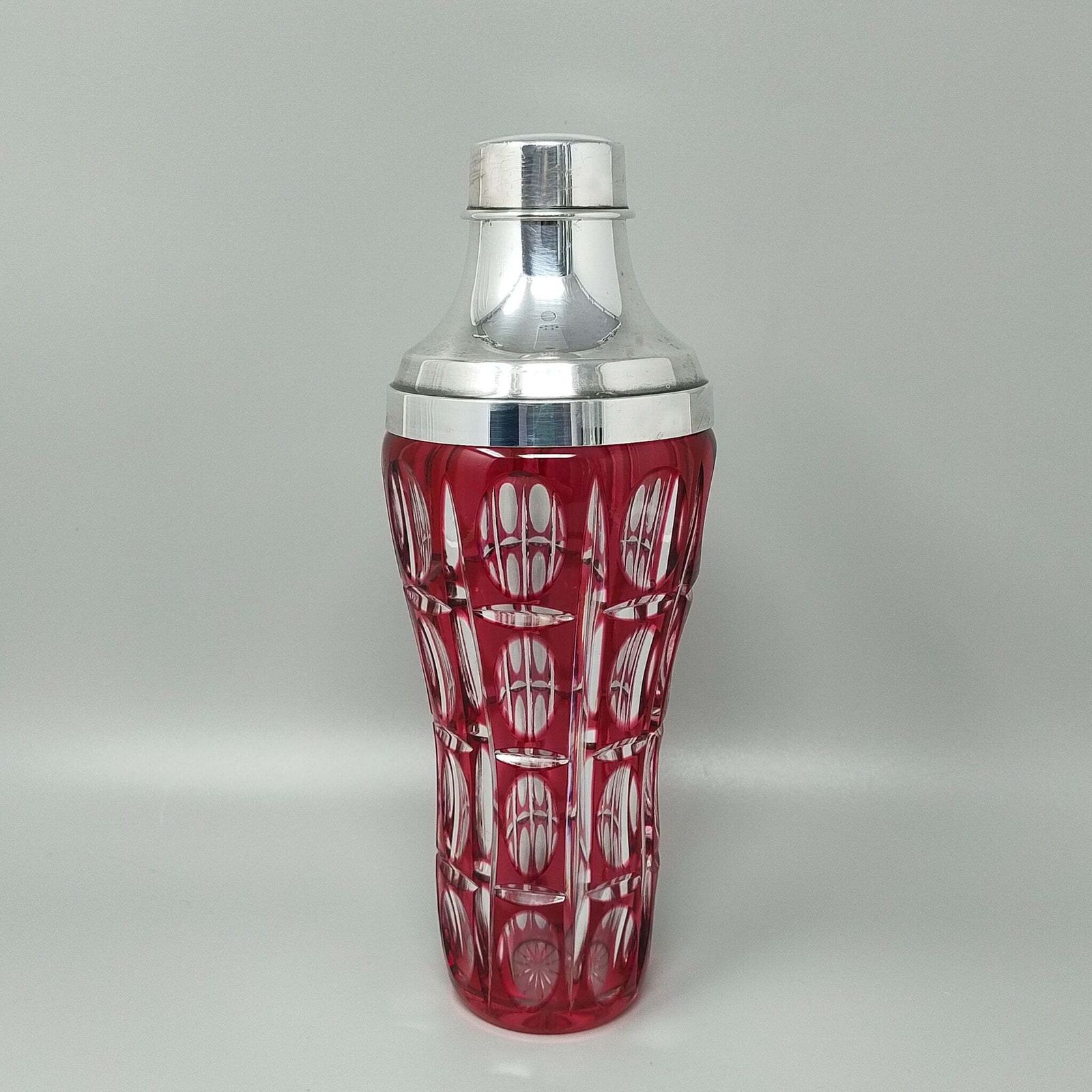 1960s Gorgeous Red Bohemian Cut Crystal Glass Cocktail Shaker With Ice Bucket. Made In Italy photo for sale