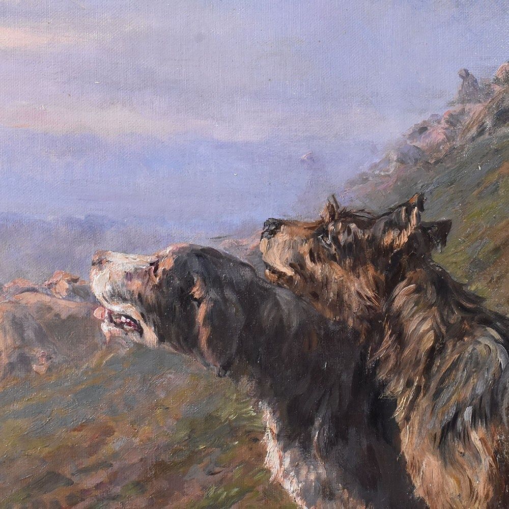 Shepherd Dogs Portrait Painting, Oil On Canvas, Early 20th Century. photo vinterior
