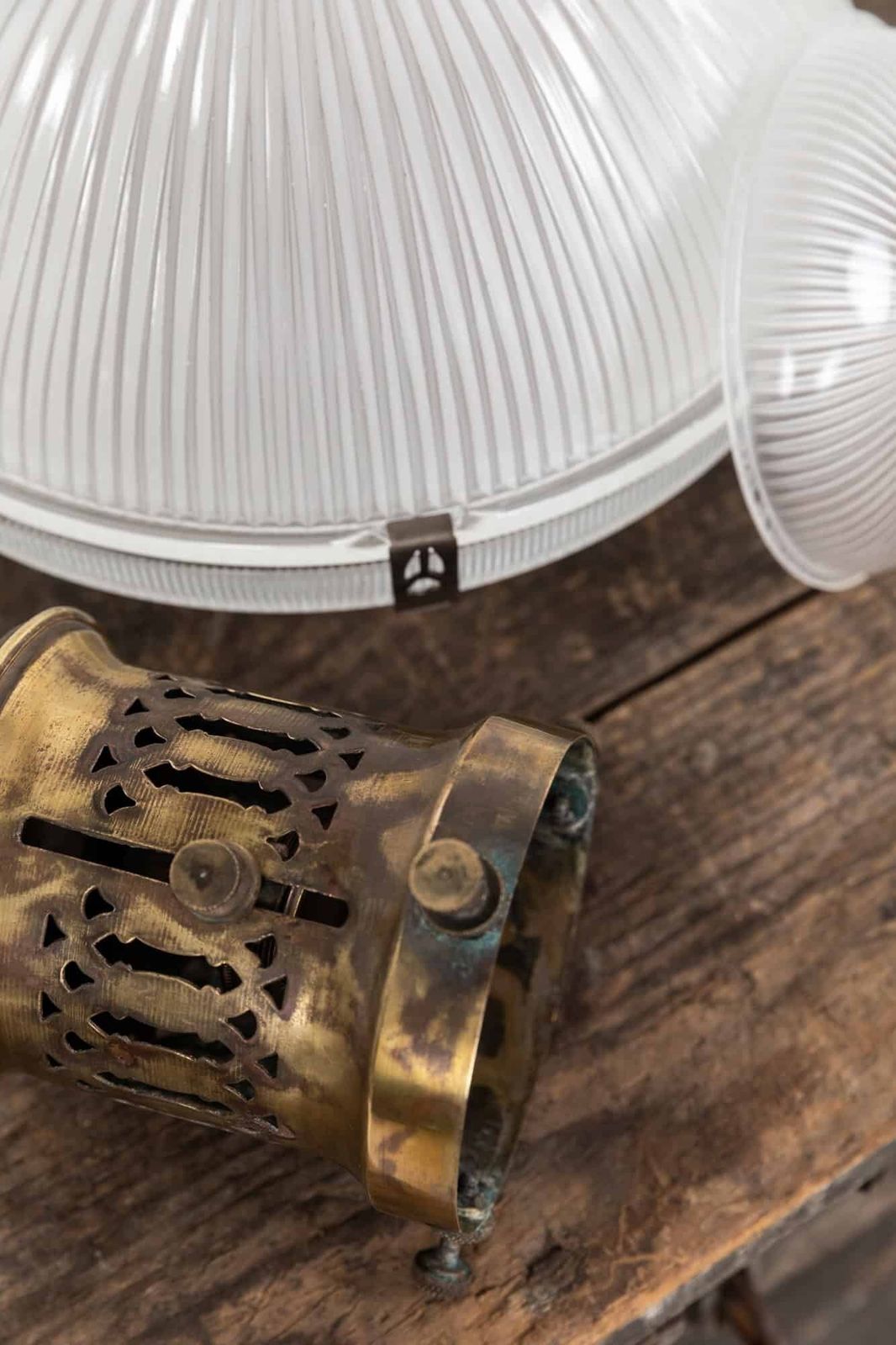 French Three Part Holophane Glass Pendant Light photo for sale