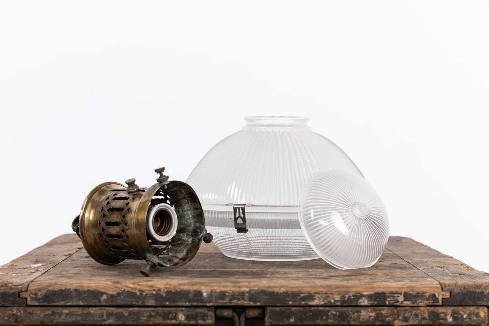 French Three Part Holophane Glass Pendant Light photo 690.0
