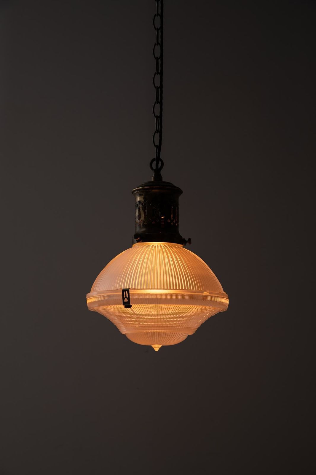 French Three Part Holophane Glass Pendant Light photo buy