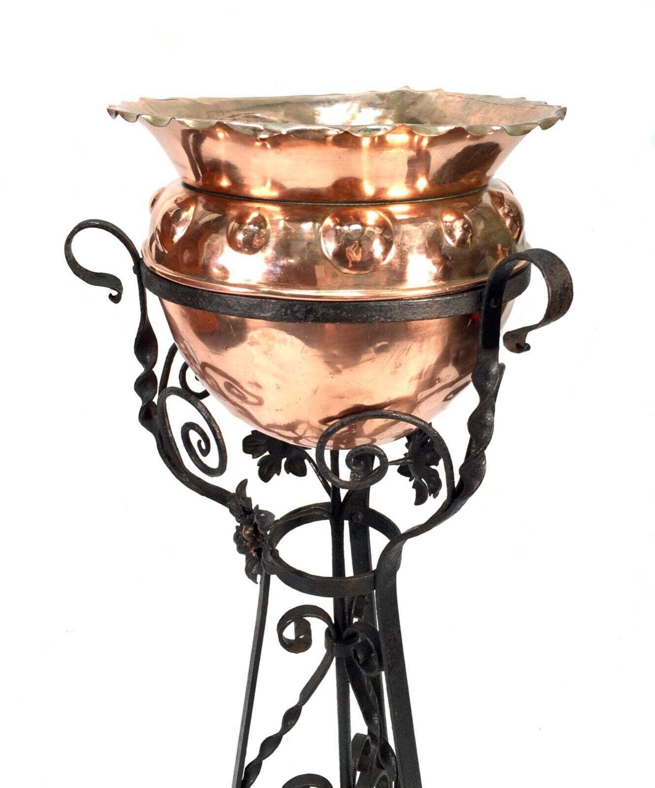 Antique Art Nouveau Copper Plant Pot / Jardiniere On Wrought Iron Stand C.1900 photo furniture